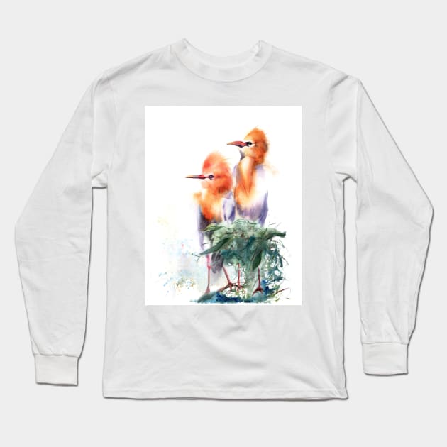 Watercolor Cattle Egret Print Long Sleeve T-Shirt by PaintsPassion